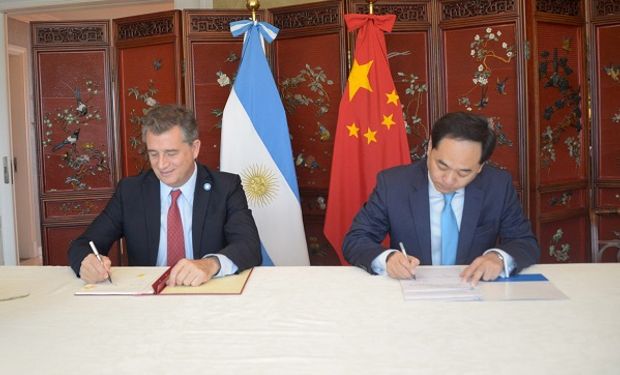 Yang Wanming, embajador chino y Luis Etchevehere, secretario de Agroindustria, durante la firma del protocolo.