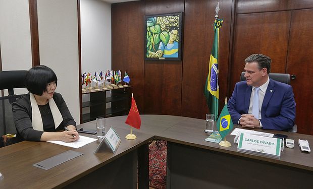 Ministro Carlos Fávaro durante encontro com Yuan Fei, presidente da Chinatex, em Brasília. (Foto -Guilherme Martimon/MAPA)