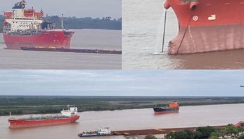 Choque de embarcaciones en el Paraná: un convoy cargado con mineral de hierro impactó contra un buque fondeado frente a Rosario