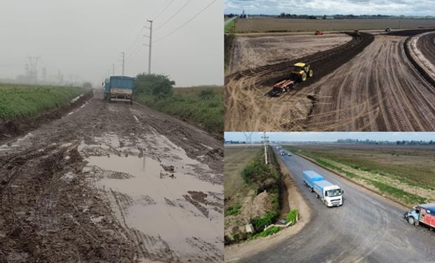 A la izquierda, una de las calles que llega a puertos de Timbúes un día de lluvia. Ahora se inició un desvío de tránsito pesado para la zona.