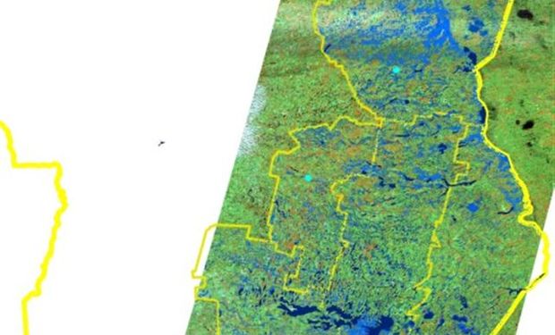 El sur cordobés presenta la mayor superficie anegada, de acuerdo a la imagen satelital. Fuente: La Nación.