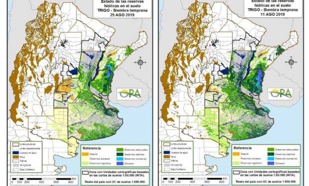 Los mapas corresponden a la estimación de contenido de agua en el primer metro de suelo para trigo de siembra temprana.