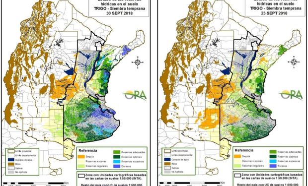 Los mapas corresponden a la estimación de contenido de agua en el primer metro de suelo para lotes de trigo.