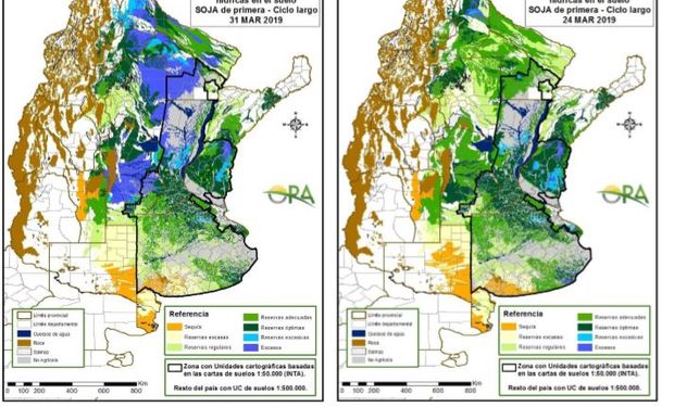 Los mapas corresponden a la estimación de contenido de agua en el primer metro de suelo para lotes de SOJA DE PRIMERA