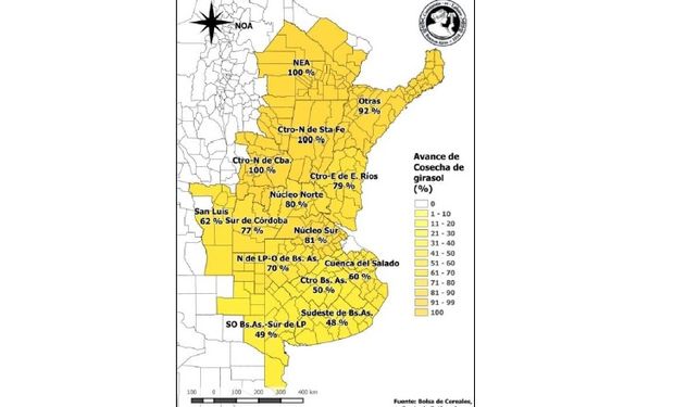 Avance de la cosecha de girasol por provincia. Datos al 19/03/2015. Fuente: PAS.