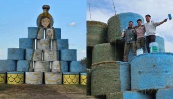 Ya es un clásico: celebra Navidad con una torre fardos y ahora homenajeó a la Virgen María