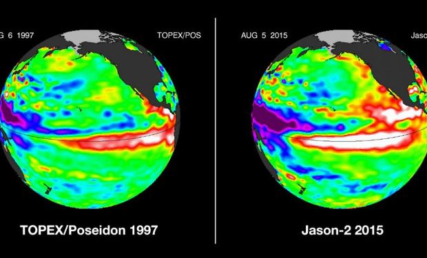 Cálidas. Comparación de la temperatura del océano Pacífico entre 1997 (izquierda) y 2015 (derecha) (Nasa).
