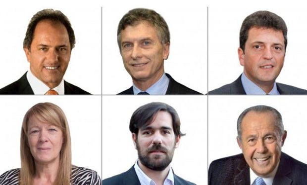 Seis candidatos y un sólo lugar: Daniel Scioli, Mauricio Macri, Sergio Massa, Margarita Stolbizder, Nicolás del Caño y Adolfo Rogrígez Saá.