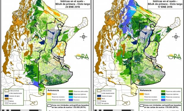 Estado de las Reservas de Humedad en lotes de soja de primera: al 24 de enero y 17 de enero.
