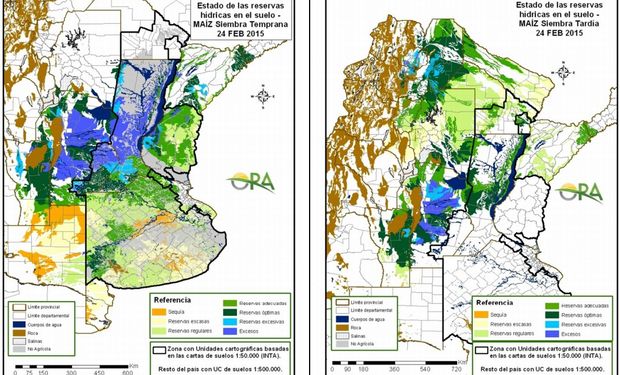 Estado de las Reservas de Humedad del suelo en maíz de siembra temprana y tardía al 24/02/2015. Fuente: ORA.