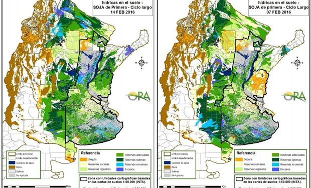 Reservas de humedad en soja de primera: 14 de febrero vs. 7 de febrero.