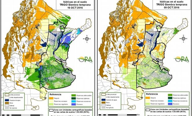 Reservas de humedad en trigo al 16 y 9 de octubre. Fuente: ORA.