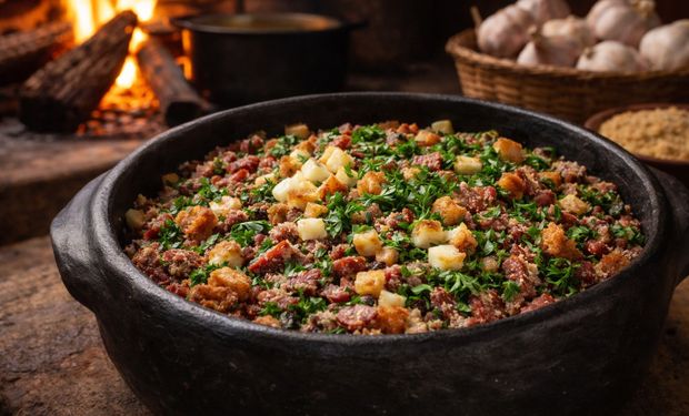 O prato com sua infalível combinação de feijão, farinha de mandioca, couve, torresmo e temperos