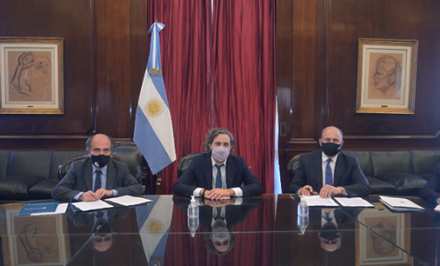 Cafiero, Perotti y Hecker, en la sede del Banco Nación.