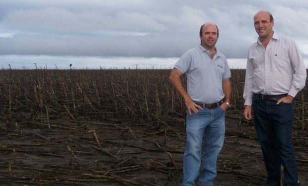 Santiago y Fernando Negri, sobre un rastrojo de girasol cerca de Daireaux.