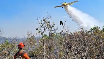 Bombeiros usam caminhões-pipa, tratores e avião para conter incêndio em três frentes em MT