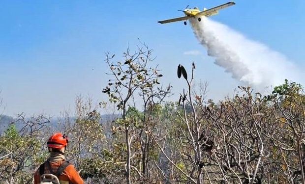 Bombeiros usam caminhões-pipa, tratores e avião para conter incêndio em três frentes em MT