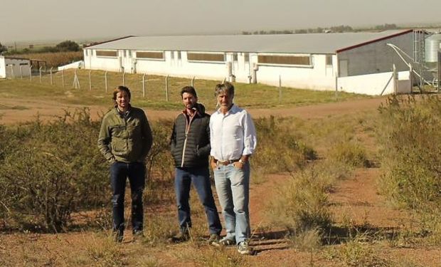 Los hermanos Andrés, Santiago y Mario Aguilar Benítez frente a la granja porcina en el departamento Río Seco, que en tres años albergará a dos mil madres (La Voz).