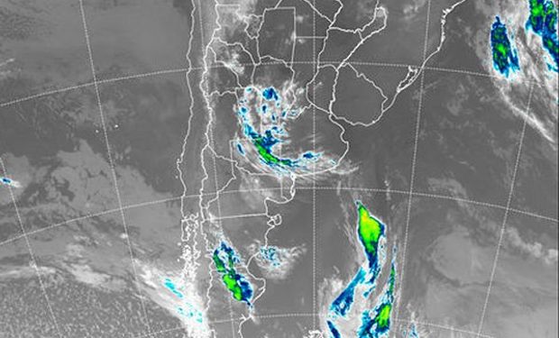 Se aprecia como la zona de inestabilidad que provoca el frente comienza a afectar el centro sur de Córdoba, San Luis, La Pampa y sudoeste de Buenos Aires.