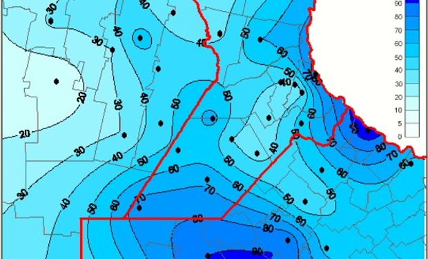 Mapa de precipitación acumulada en las últimas 72 horas. Fuente: Bolsa de Comercio de Rosario.