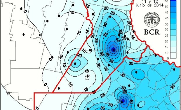 Precipitación en milímetros, 11 y 12 de junio de 2014. Fuente: Bolsa de Comercio de Rosario.