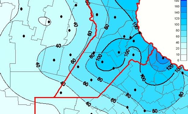 Mapa de precipitación acumulada en las últimas 72 horas. Fuente: BCR.