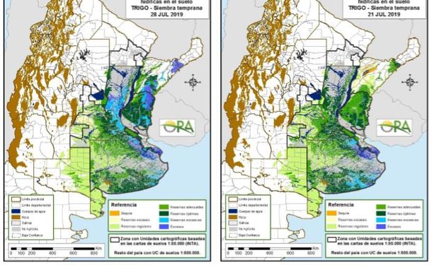 Los mapas corresponden a la estimación de contenido de agua en el primer metro de suelo para trigo de siembra temprana.