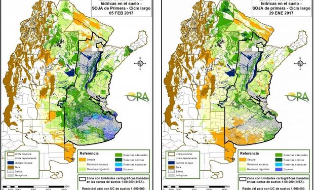 Reservas de humedad en soja al 5 de febrero y 29 de enero.