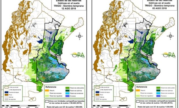 Los mapas corresponden a la estimación de contenido de agua en el primer metro de suelo para lotes de trigo.