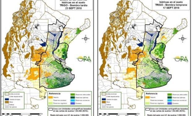 Los mapas corresponden a la estimación de contenido de agua en el primer metro de suelo para lotes de trigo.