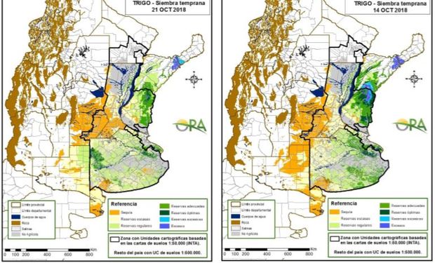 Los mapas corresponden a la estimación de contenido de agua en el primer metro de suelo para lotes de trigo.