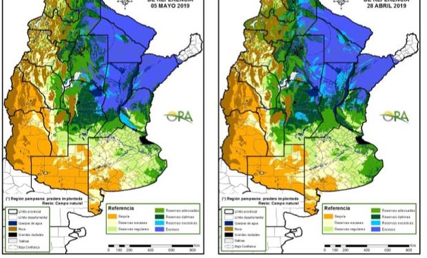 Los mapas corresponden a la estimación de contenido de agua en el primer metro de suelo para pastura implantada o campo natural, según la región.