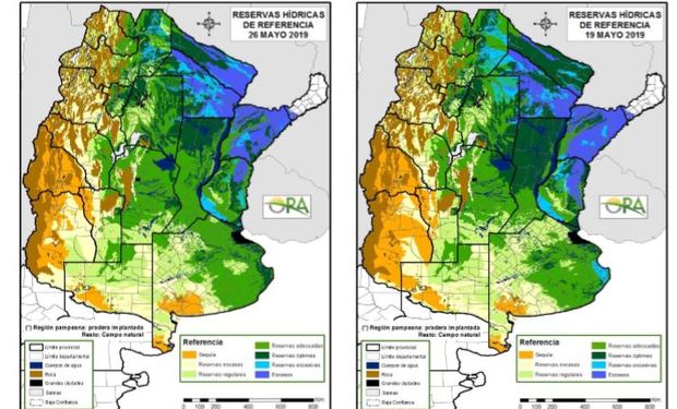 Los mapas corresponden a la estimación de contenido de agua en el primer metro de suelo para pastura implantada o campo natural, según la región.