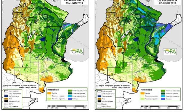 Los mapas corresponden a la estimación de contenido de agua en el primer metro de suelo para pastura implantada o campo natural.