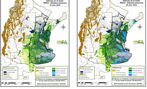 Los mapas corresponden a la estimación de contenido de agua en el primer metro de suelo para lotes de trigo.