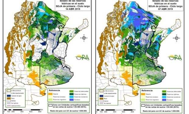 Los mapas corresponden a la estimación de contenido de agua en el primer metro de suelo para lotes de soja de primera.