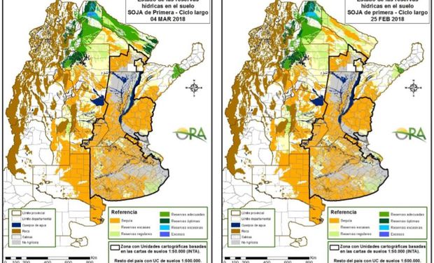 Los mapas corresponden a la estimación de contenido de agua en el suelo para lotes de soja de siembra temprana.