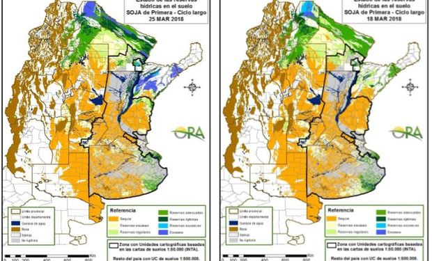 Los mapas corresponden a la estimación de contenido de agua en el suelo para lotes de soja de siembra temprana.