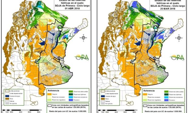 Los mapas corresponden a la estimación de contenido de agua en el suelo para lotes de soja de siembra temprana, pero se consideran bastante representativos también de fechas de siembra posteriores.