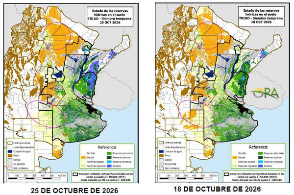 Mapas comparativos de reservas hídricas en el suelo para trigo de siembra temprana: 25 y 18 de octubre de 2026