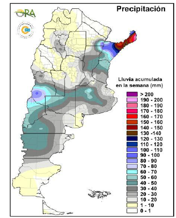 Mapa de precipitación acumulada semanal en Argentina con escala de milímetros, con mayores lluvias en el noreste y el centro-oeste de la región pampeana
