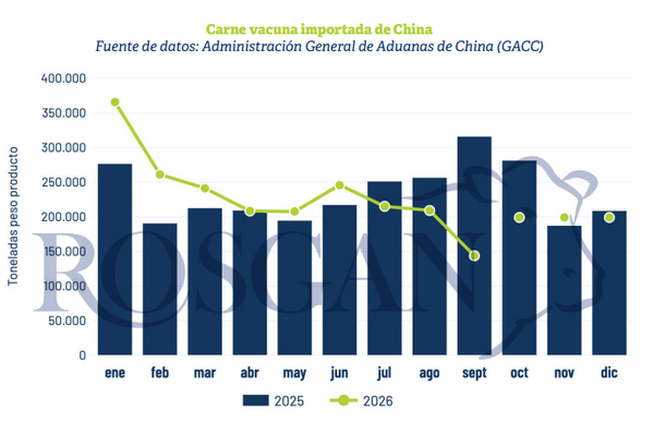 Gráfico de barras y línea: importaciones chinas de carne vacuna por mes, 2025 frente a 2026, en toneladas peso producto (GACC)