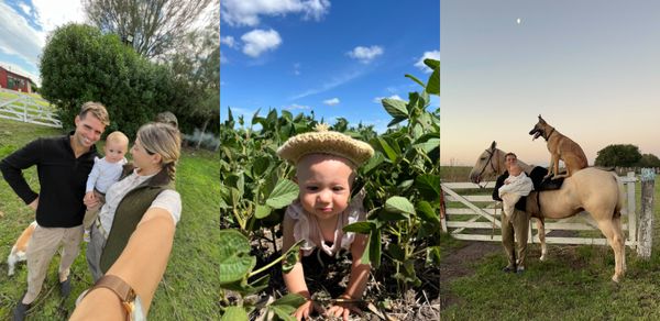 Familia con su hija en la quinta, la nena entre plantas de soja y el padre con ella a caballo
