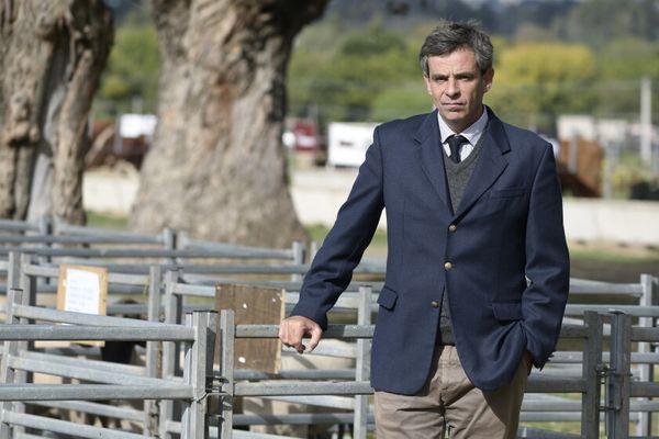 Patricio Cortabarría de traje azul junto a corrales de hacienda metálicos, con árboles y un galpón al fondo