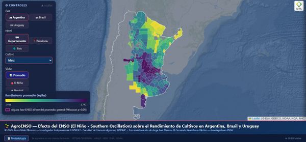 Mapa del rendimiento promedio de maíz por departamento en Argentina, según el efecto de El Niño