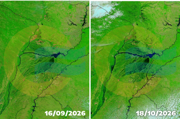 Imágenes satelitales comparadas del 16/09 y 18/10/2026: humedales y cursos de agua en azul
