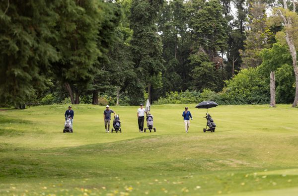 Cuatro golfistas caminan por una cancha verde con sus carritos de palos, y uno de ellos sostiene una sombrilla negra.
