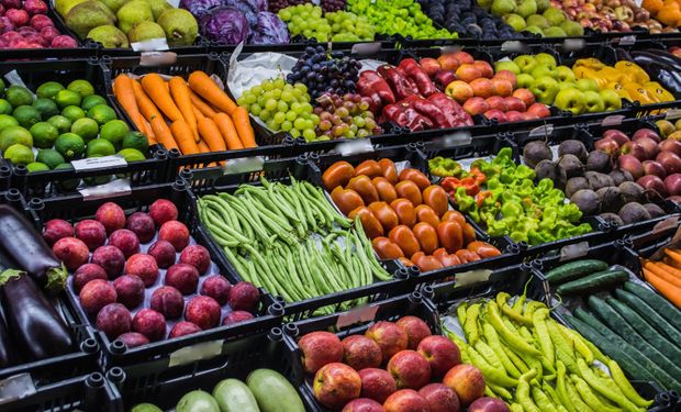 Frutas e hortaliças expostas em caixas de uma Central de Abastecimento (Ceasa), representando a comercialização de alimentos no mercado atacadista brasileiro.