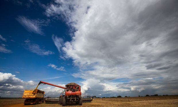 Colheitadeira realiza a colheita de grãos em lavoura sob céu com nuvens.
