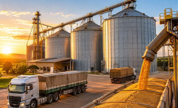 Silos de armazenagem de grãos em cooperativa agropecuária, com caminhões e estrutura de recebimento da produção agrícola.